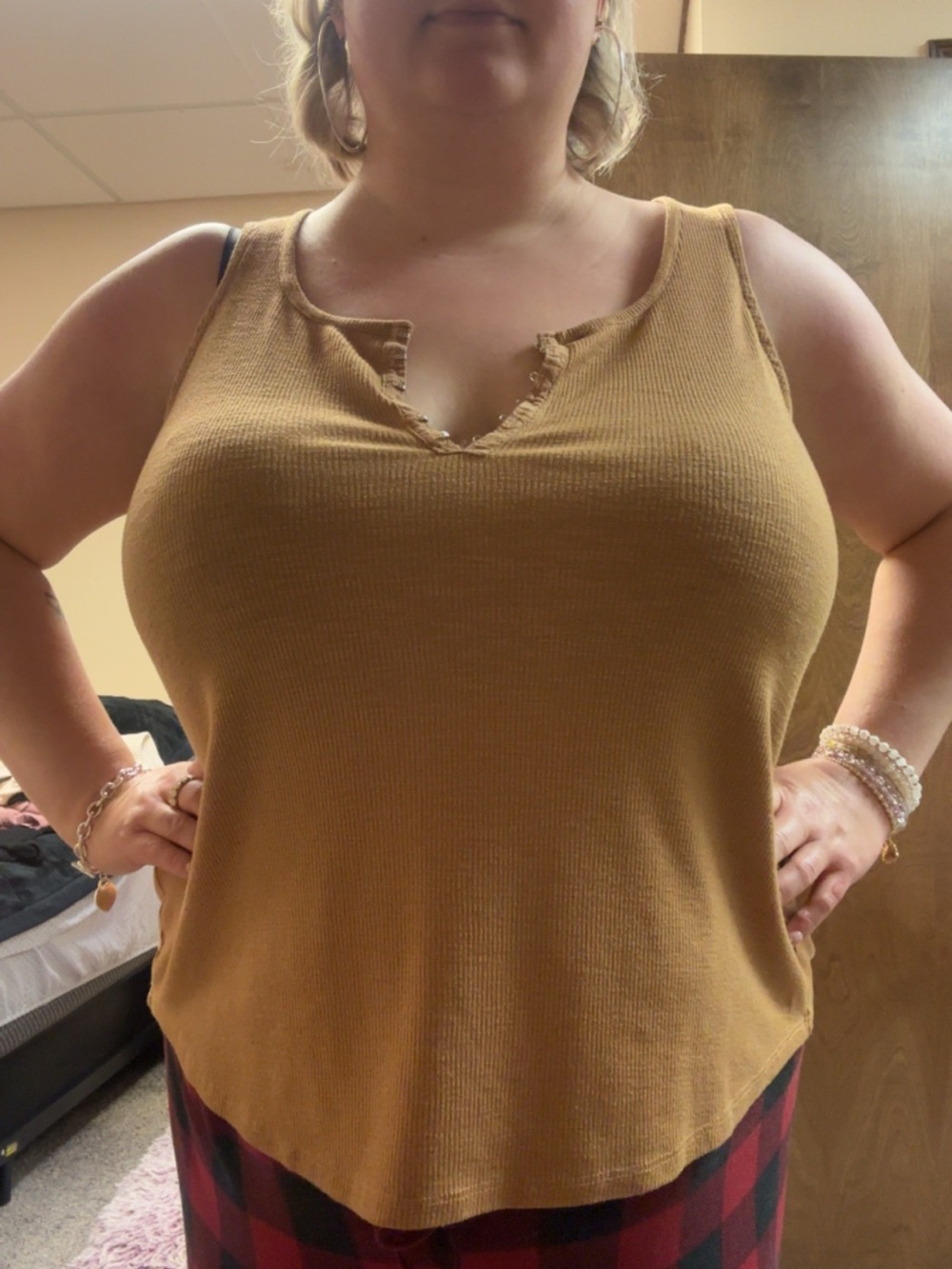 Maurices Mustard Ribbed V-Neck Tank with Distressed Trim